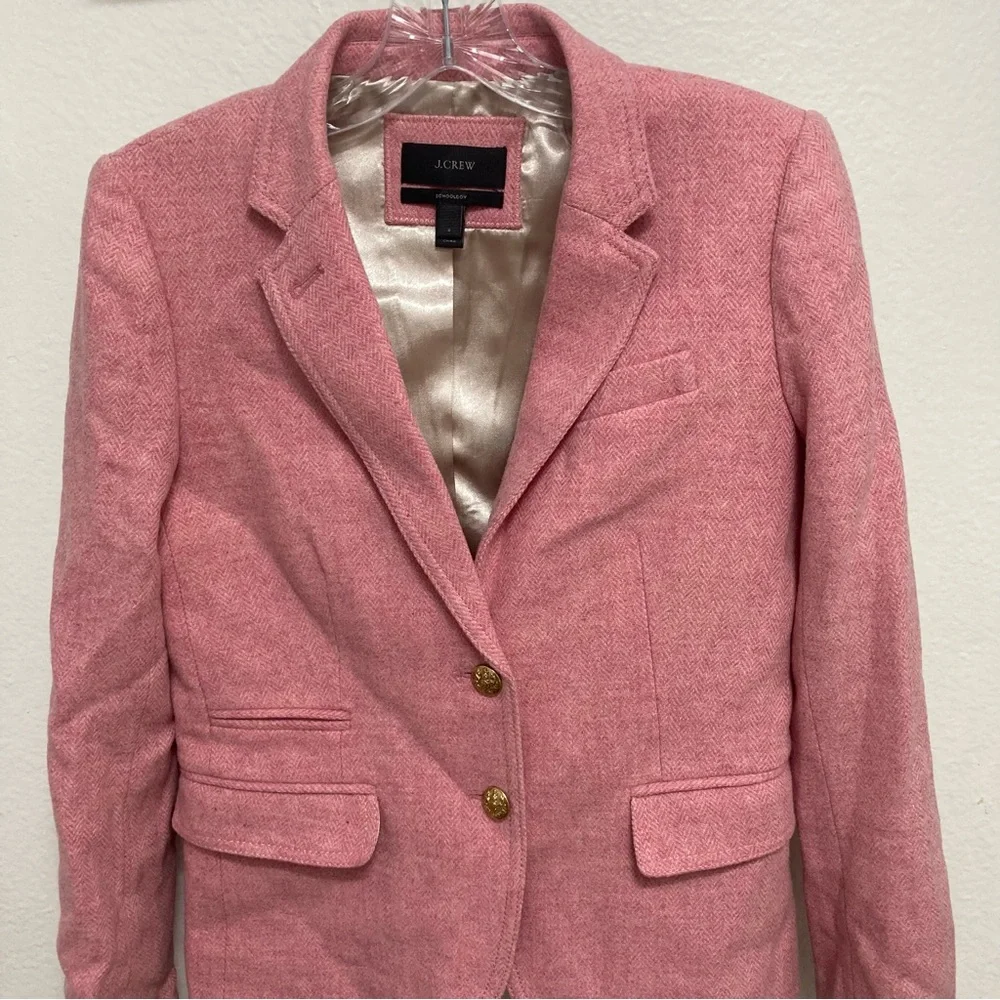 J. Crew Women’s Schoolboy Wool Pink Herringbone Blazer Size 2 With Gold Buttons - Picture 6 of 15